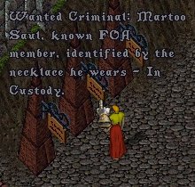 ï¼œTown Cryerï¼žVioletta: Some of the latest news! In 45 minutes to 1 Hour.  Hear ye! Hear ye!   Sir Geoffrey Captain of the Royal Guard will be giving a Short Speach
Sir Geoffrey: Hail brave citizens of Britannia.
Sir Geoffrey: I, Geoffrey, Captain of the Royal Guard, 
Sir Geoffrey: come to thee with a matter of grave urgency. 
Sir Geoffrey: An esteemed citizen, Sir Duquelle, 
Sir Geoffrey: who was granted protection from the Followers of Armageddon by my liege, 
Sir Geoffrey: has been kidnapped while under MY watch a few nights past, 
Sir Geoffrey: and I now fear for his safety.
Sir Geoffrey: In this dark hour, I must ask for thy assistance in the recovery of Sir Duquell
Sir Geoffrey: and the capture of the wretched dogs that were involved in his abduction. 
Sir Geoffrey: At this time, we know of one of their strongholds,
Sir Geoffrey: but these swine could be anywhere. 
Sir Geoffrey: I will not rest until these cowardly renegades are brought to justice!
Sir Geoffrey: The weight of their crimes shall come crushing down onto their evil bodies, 
Sir Geoffrey: and Justice shall prevail!
